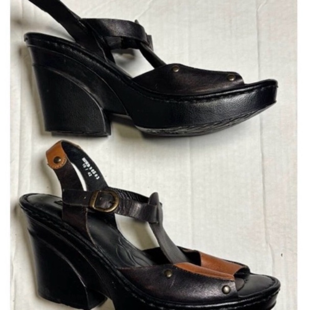 Born Two-Tone Leather T-Strap Sandals wedges 1970’s- Black & Brown 8 - Picture 2 of 9